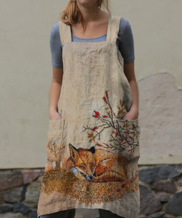 Vintage Forest Fox Print Apron Midi Dress