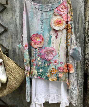 Vintage Floral Print Linen Blend Casual Shirt