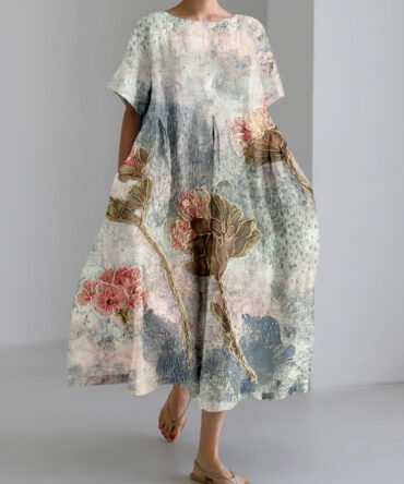 Vintage Flower Embroidered Linen Blend Maxi Dress