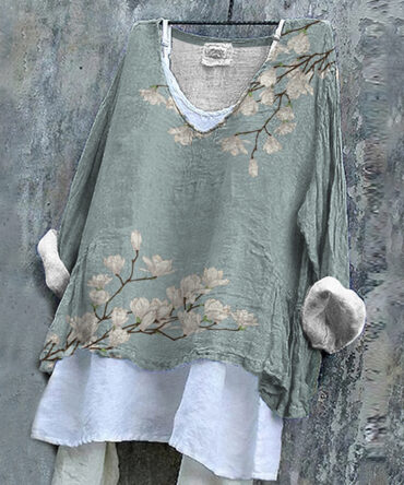 Vintage Floral Cotton Linen V Neck Casual Shirt