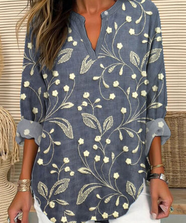 Vintage Floral Lace Embroidery Pattern Linen Blend Shirt